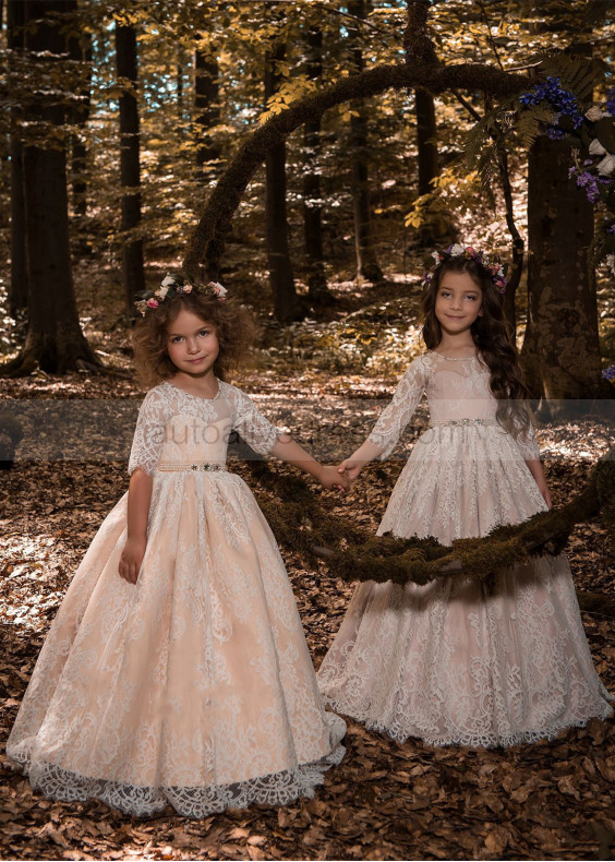 Elbow Sleeves Ivory Lace Long Flower Girl Dress With Beaded Sash